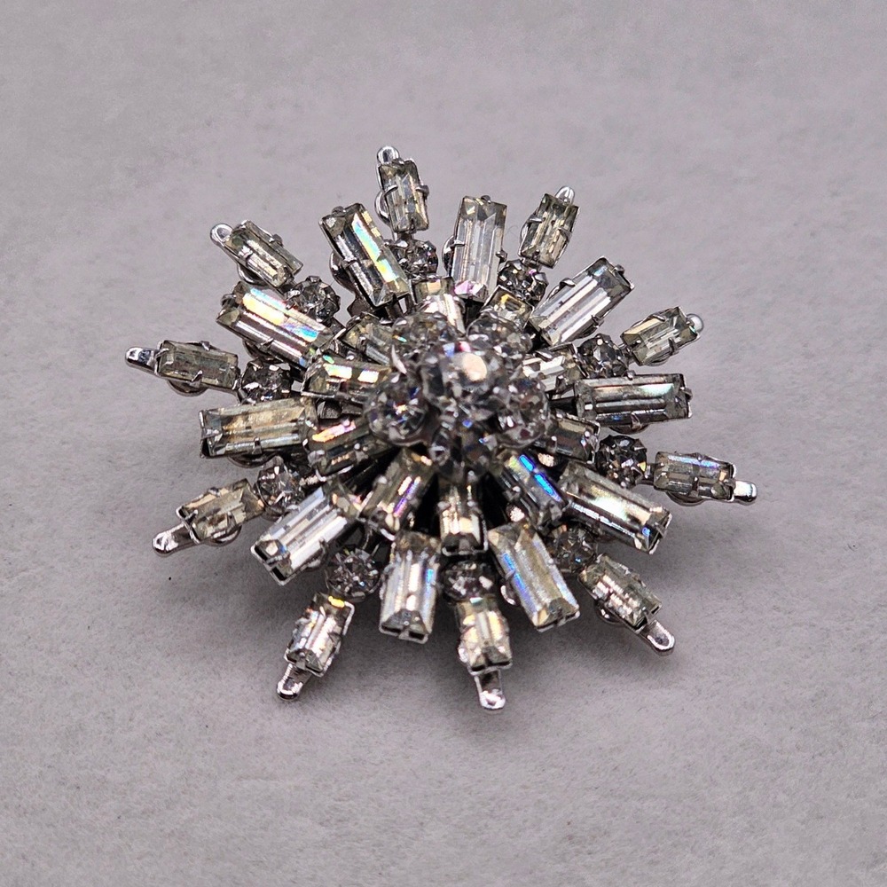 Vintage Starburst Brooch Clear Silver Tone Baguette Rhinestone 1.5" Pin Formal - Picture 5 of 15